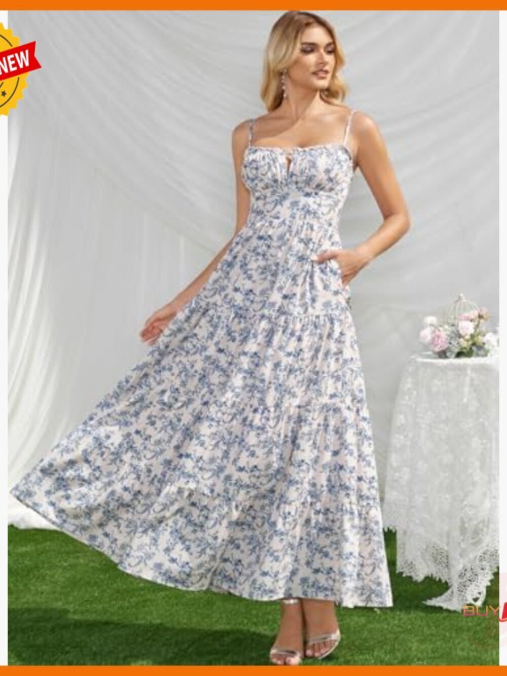 Spaghetti Strap Maxi Dress with Pockets, A-Line, Smocked, Wedding Guest - Picture 4 of 7